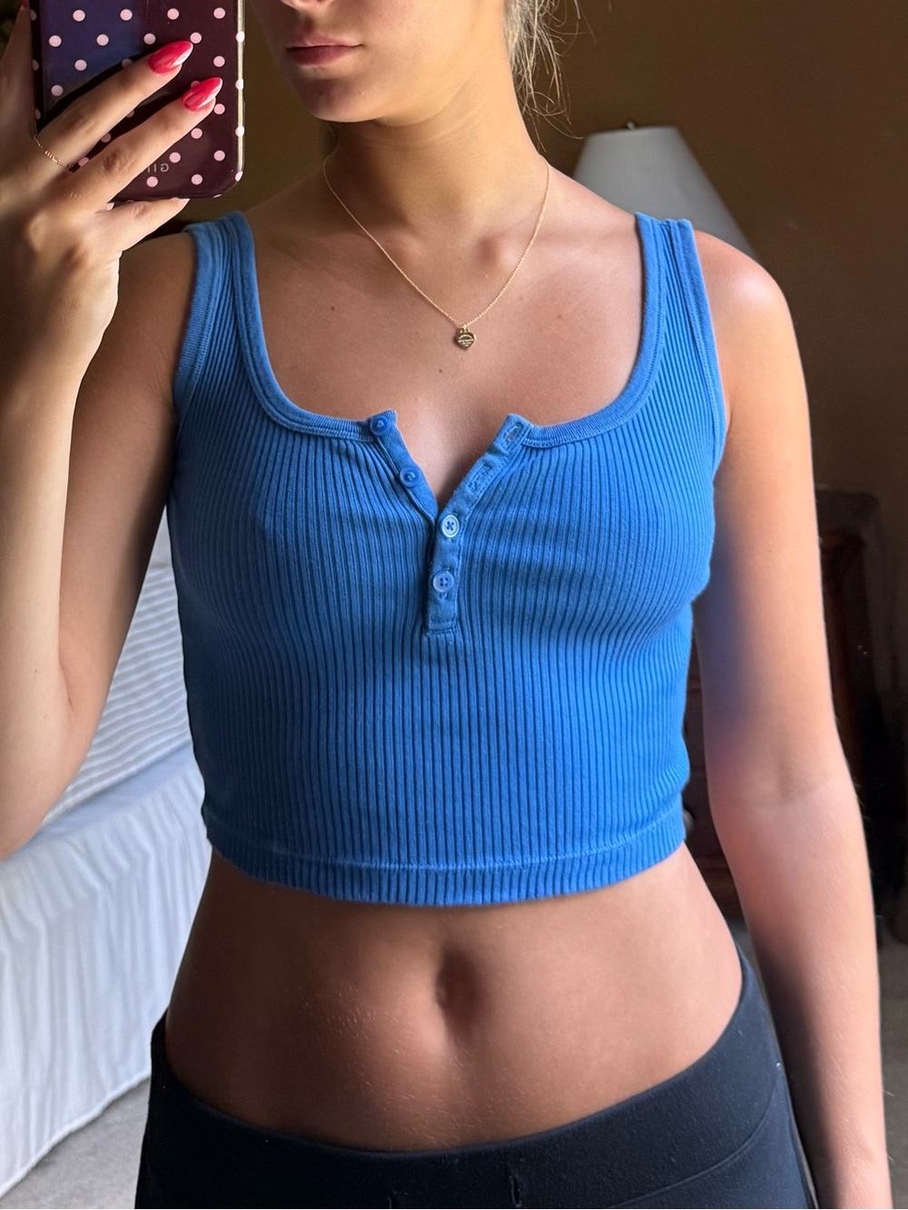 Uniqlo Blue Ribbed Henley Crop Tank